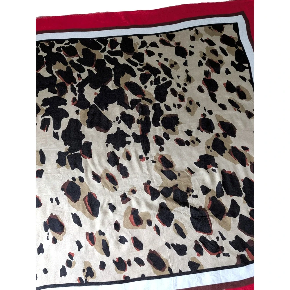 Burberry Leopard Cheetah Animal Print Red Silk Blend Scarf Italy Fringe Large